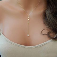 Neeshka Y Shaped Gold Plated Crystal Necklace for Women and Teen Girls