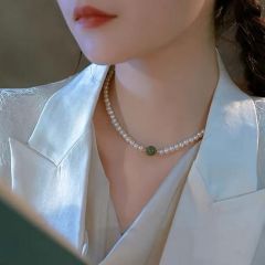 Neeshka White and Green Baroque Freshwater Pearl Choker Necklace