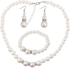 Neeshka White Crystal Pearl Diamond Necklace with Bracelet and Earrings Jewellery set for Women
