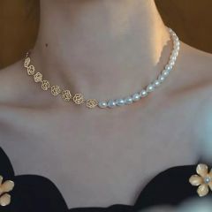 Neeshka Natural Freshwater Baroque Pearls Choker Necklace with Yellow Gold Rose Petals